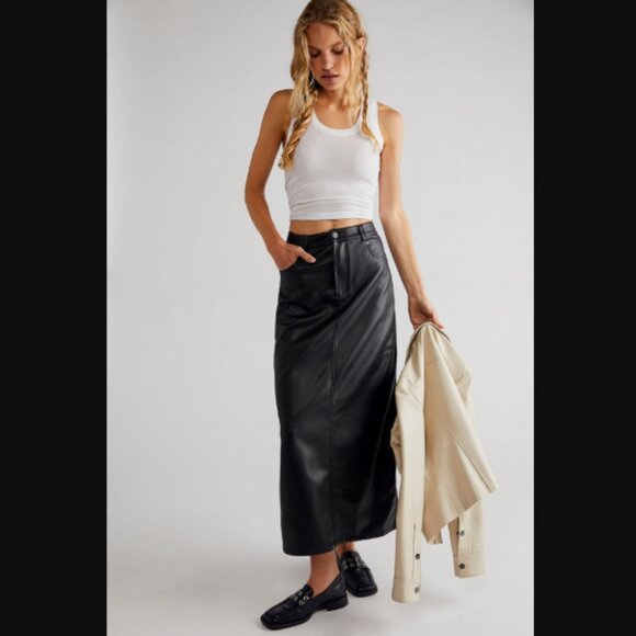NWT Free People City Slicker Vegan Leather Maxi Skirt 10 Black Noir $128.00 - Picture 8 of 11